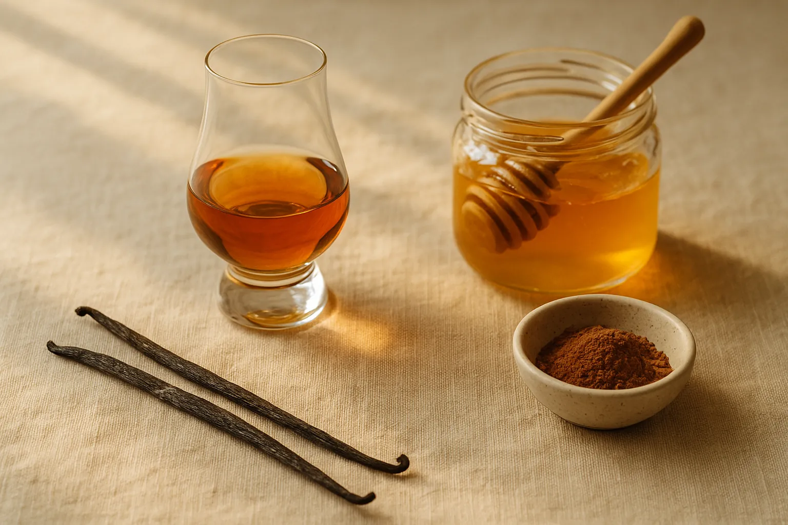 A glass of whiskey beside its grocery anchors: honey, vanilla beans, and cocoa powder