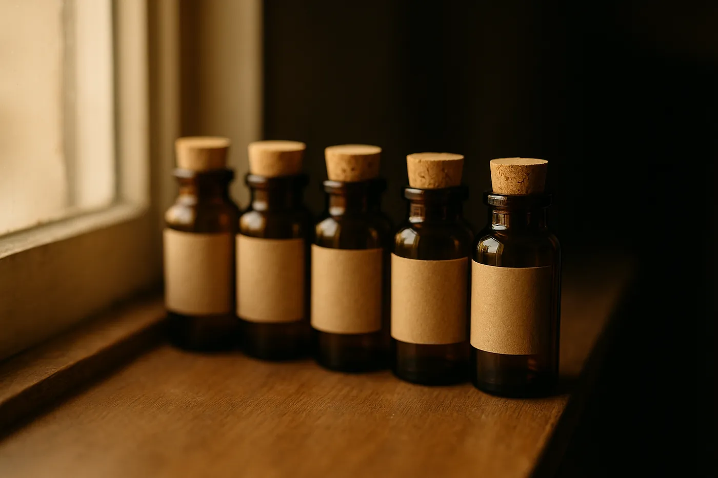 Small amber sample bottles with blank labels — anonymized blind pours