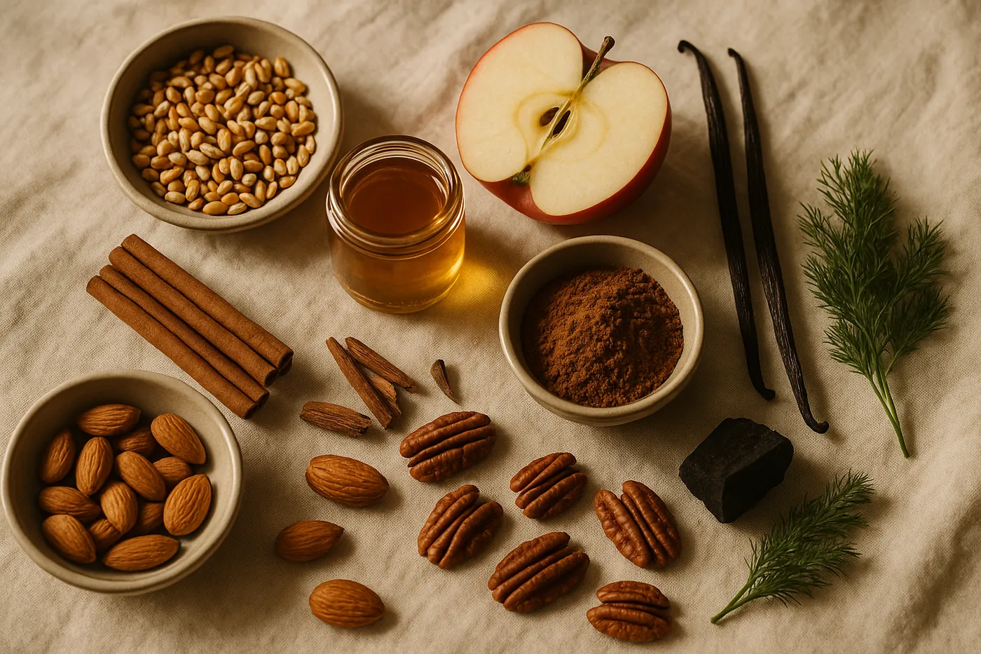 Grocery-shelf anchors for the ten flavor families: apple, honey, vanilla, cocoa, cinnamon, nuts, grain, oak chips, charcoal, dill