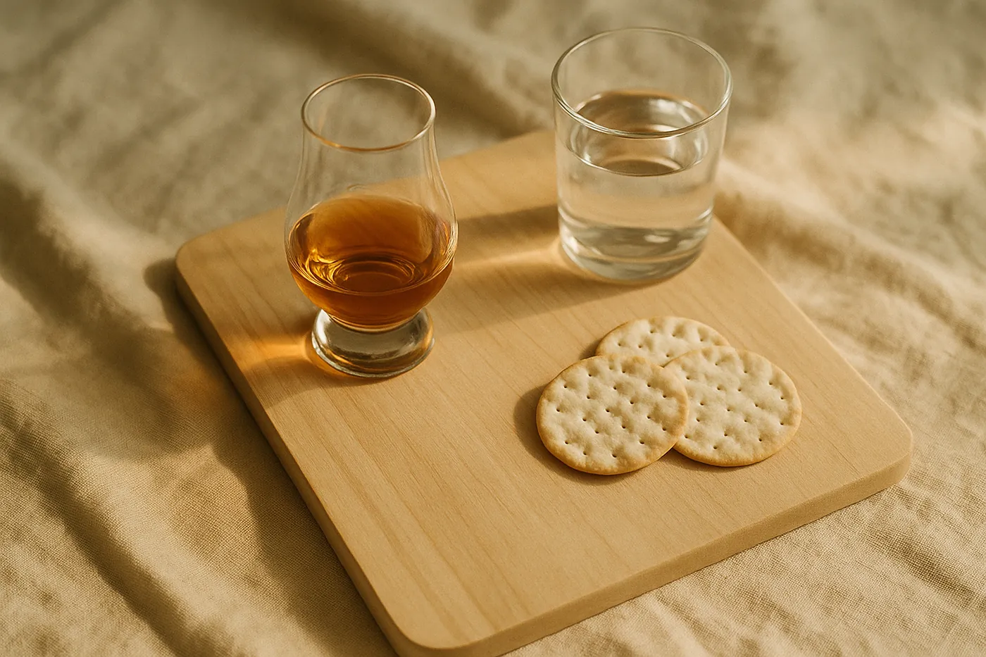 The whole tasting kit: a pour of whiskey, a glass of still water, and plain crackers on a board