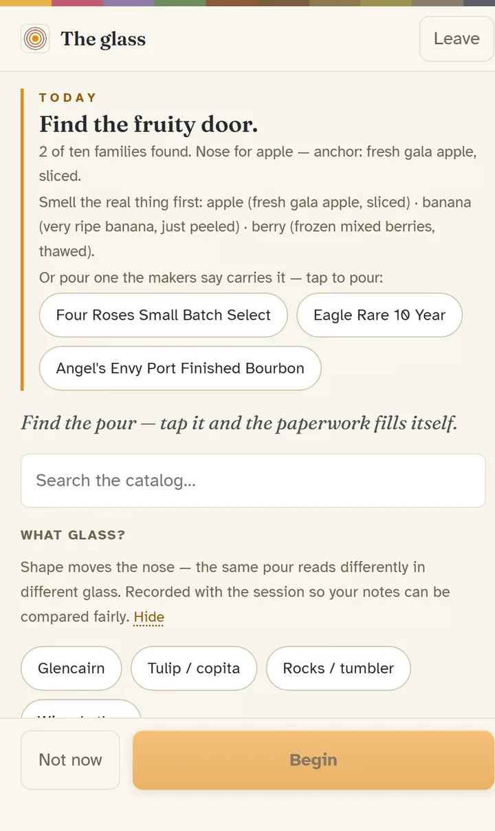 A guided session: today's assignment, the pour, the glass