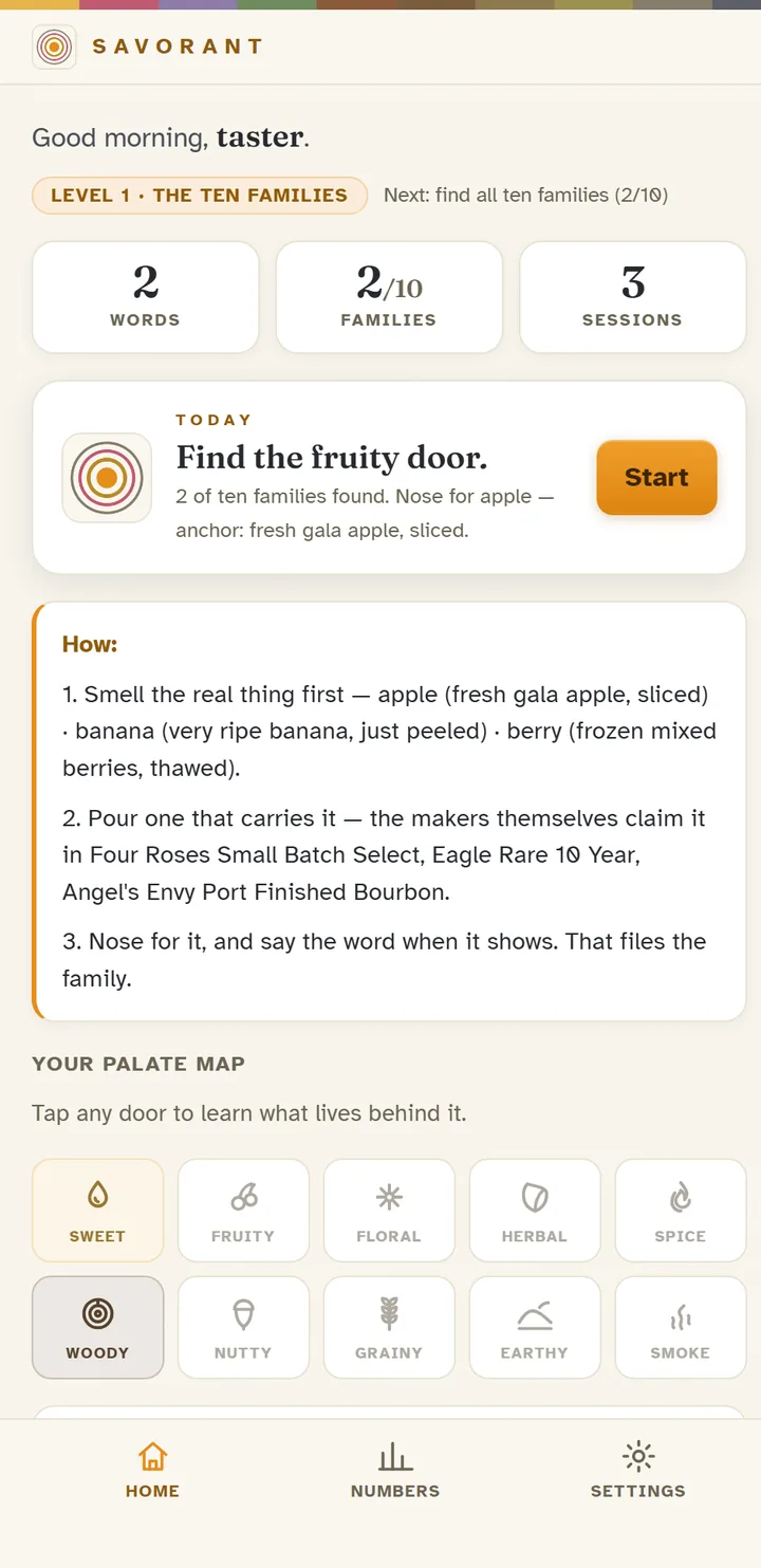The Savorant home screen: your level, your palate map, today's assignment