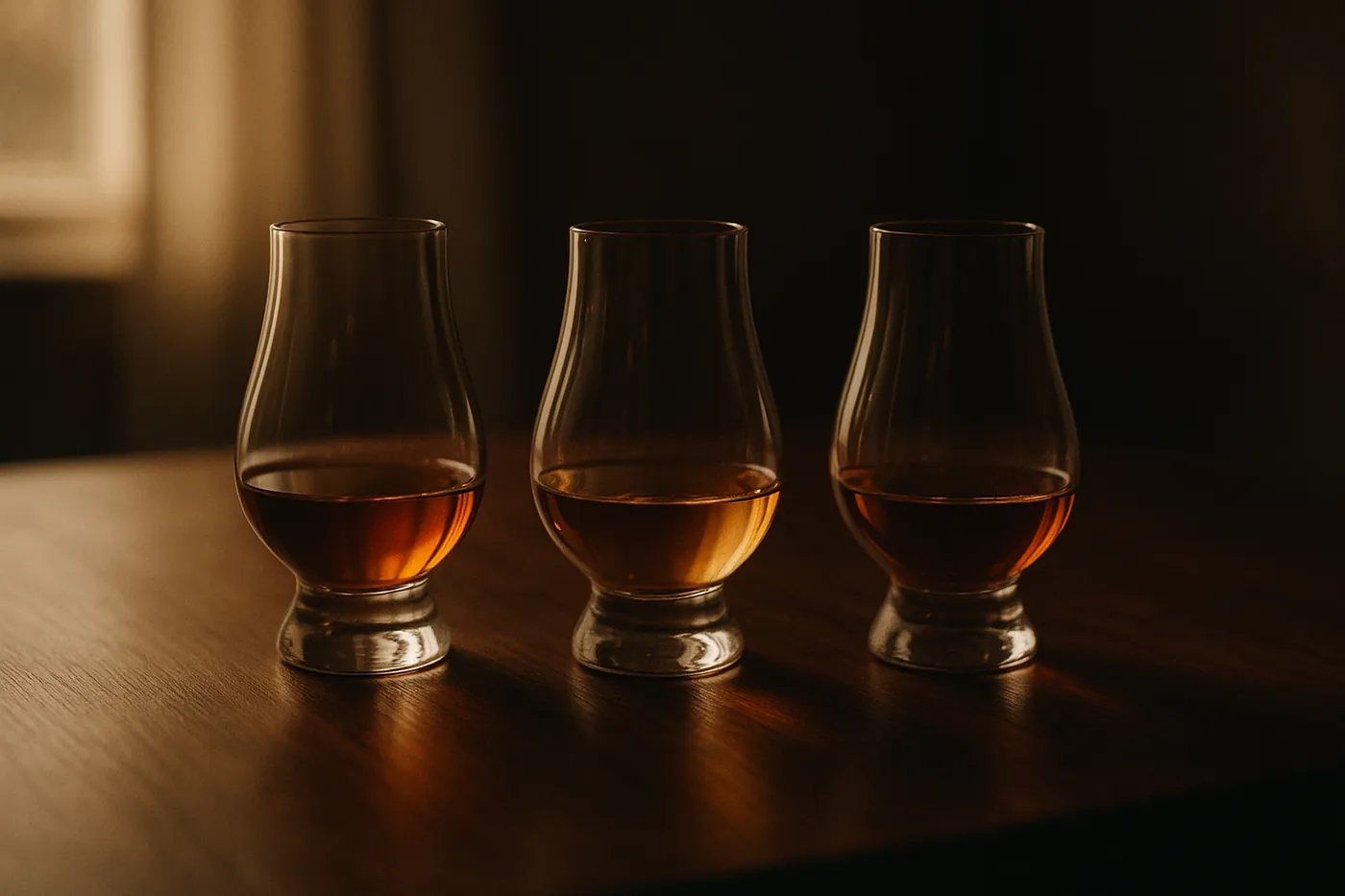 Three identical nosing glasses of whiskey in a row — a blind triangle test
