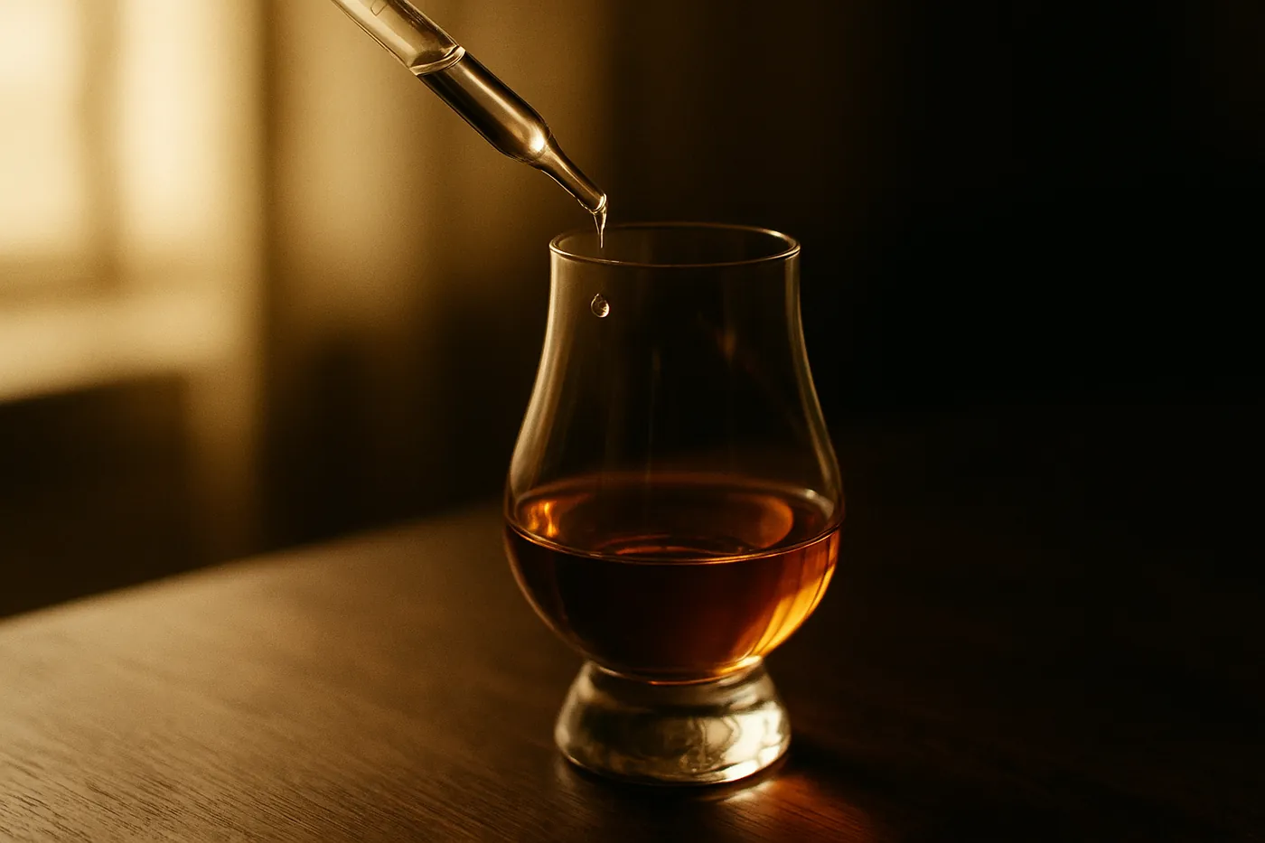 A dropper releasing a single drop of water into a glass of whiskey